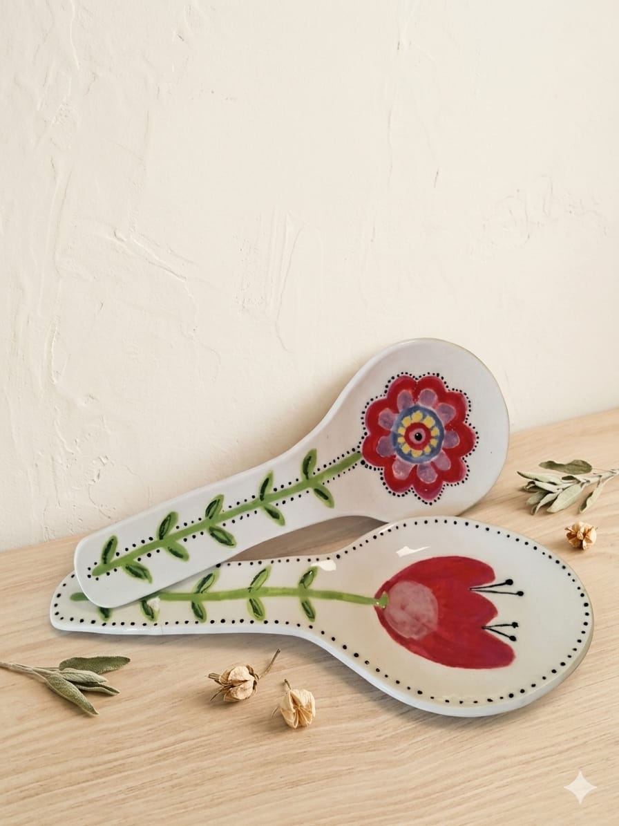 Porta cucharas de cerámica artesanal pintado a mano para cocina