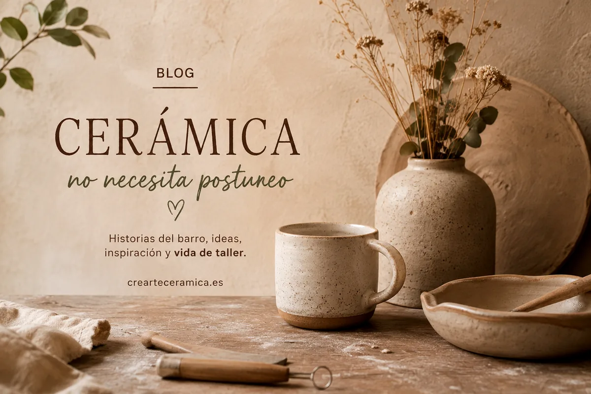 Portada del blog de CreArte Cerámica Valladolid con la frase 'la cerámica no necesita postureo', junto a una taza, un jarrón y un cuenco de cerámica artesanal sobre una mesa de madera