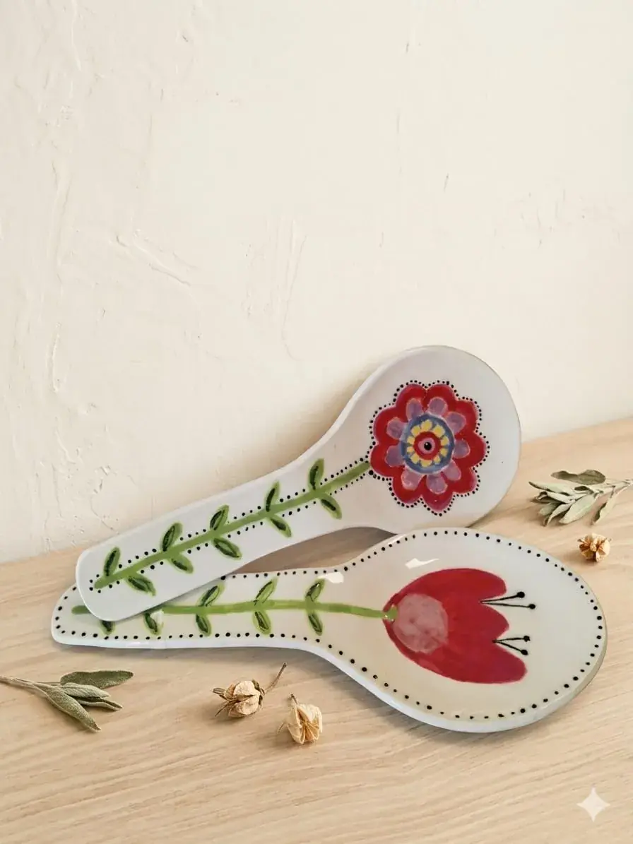 Porta cucharas de cerámica artesanal pintado a mano para cocina