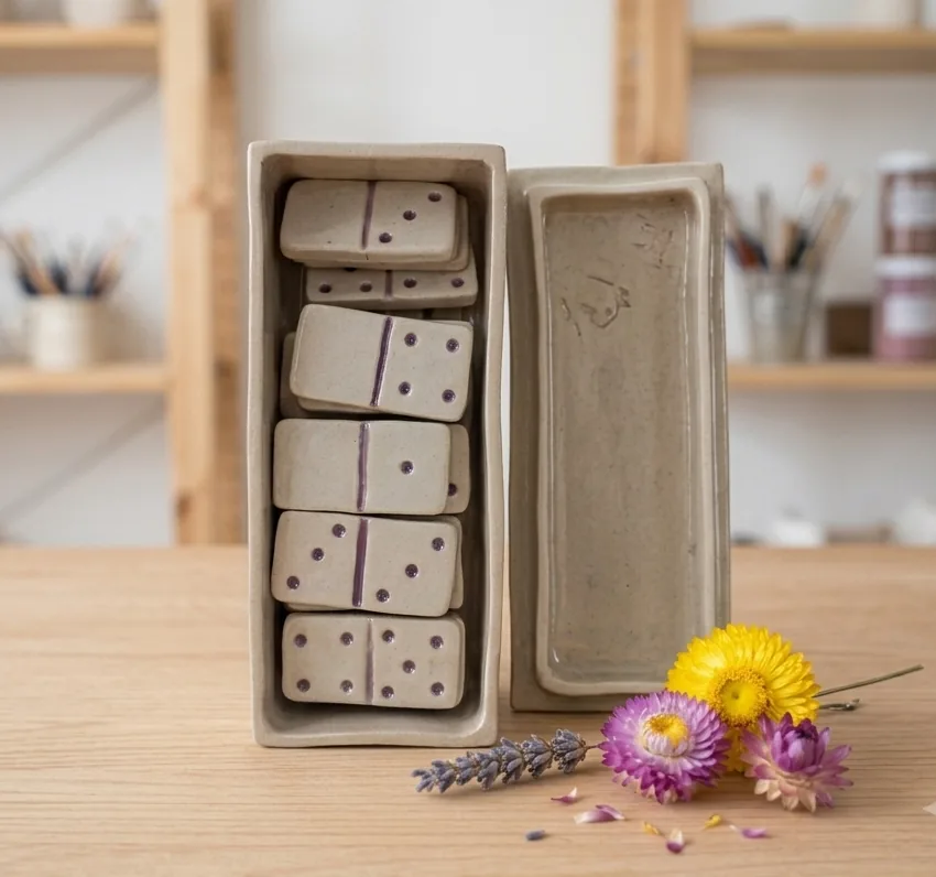 Caja de dominó de cerámica artesanal hecha a mano, fichas grabadas con puntos y estuche a juego - CreArte Valladolid
