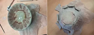 Comparativa antes y después de una pieza de cerámica dañada por exceso de humedad al esponjarla o pintarla entera sin estar en estado hueso