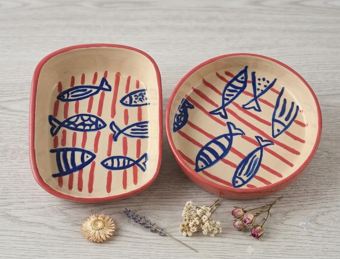 Fuente de cerámica artesanal con diseño de peces