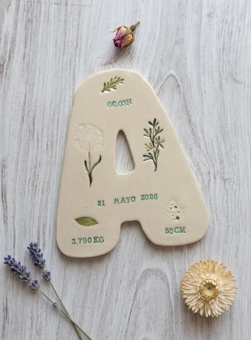 Inicial personalizada de cerámica letra A, decorada a mano con flores prensadas y grabada con fecha, peso y medidas del bebé - CreArte Valladolid