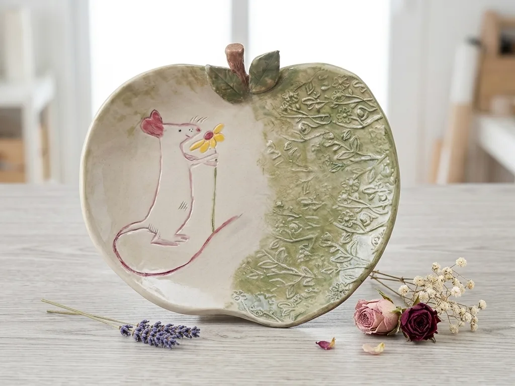 Platito vaciabolsillos de cerámica con forma de manzana, decorado a mano con un ratoncito y una flor, y textura floral en relieve - CreArte Valladolid