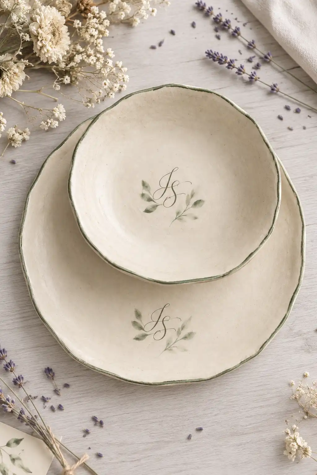 Platos de boda personalizados en gres beige, llanos y hondos — CreArte Cerámica