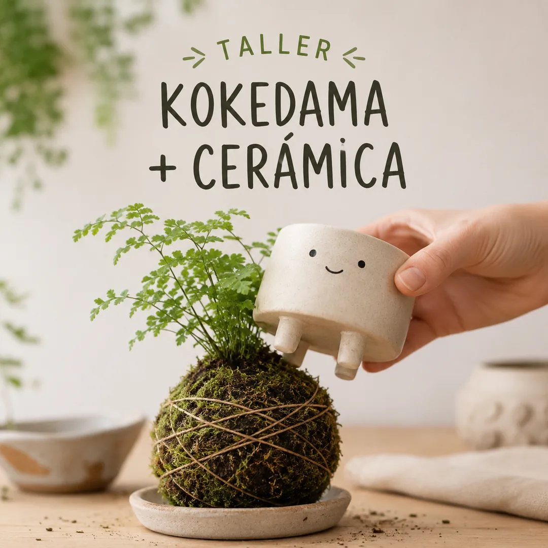 Taller de kokedama y cerámica en Valladolid - CreArte, bola de musgo con planta sobre plato de cerámica
