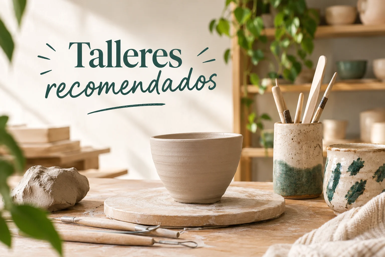 Cuenco de cerámica sobre una mesa de taller con herramientas, barro y estantes de piezas, con el texto Talleres recomendados — talleres de cerámica recomendados en España, CreArte Valladolid