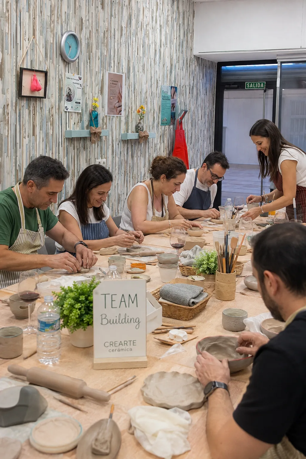 Equipo de trabajo realizando un taller de cerámica de team building en CreArte, Valladolid