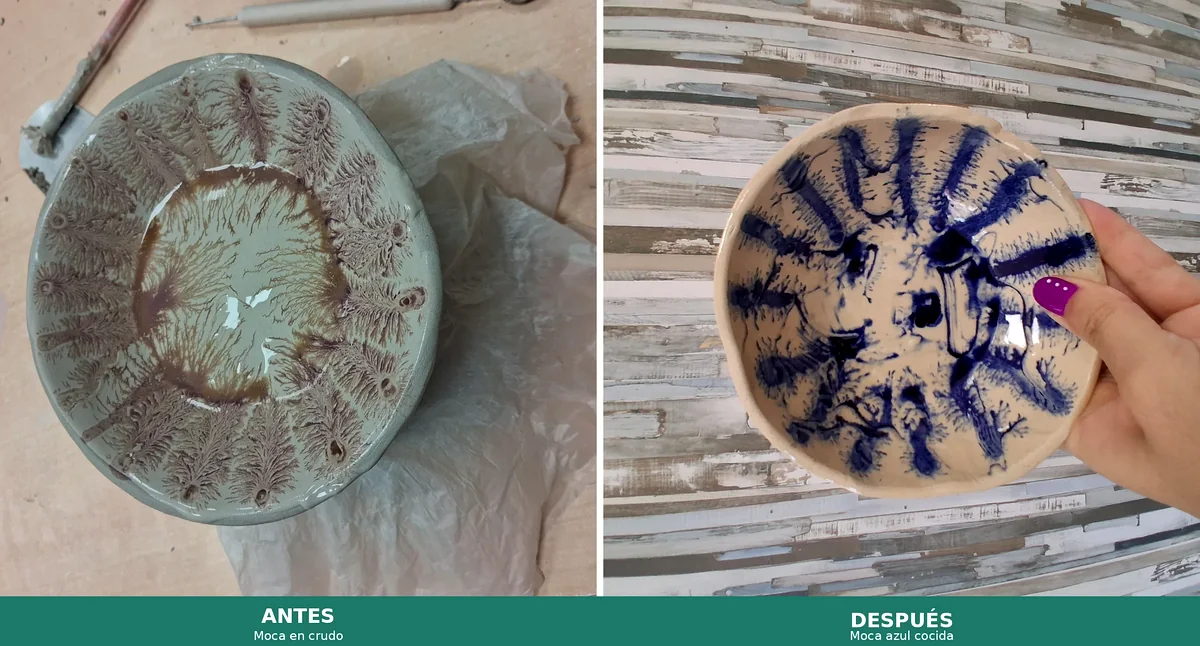 Comparativa antes y después de la técnica moca en cerámica: cuenco con engobe en crudo mostrando el patrón ramificado, junto al mismo cuenco ya cocido con la decoración moca en azul cobalto sobre fondo crema — CreArte Valladolid