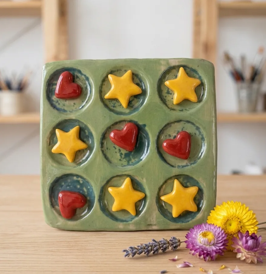 Tres en raya de cerámica artesanal esmaltado en verde, con fichas de estrellas y corazones pintadas a mano - CreArte Valladolid