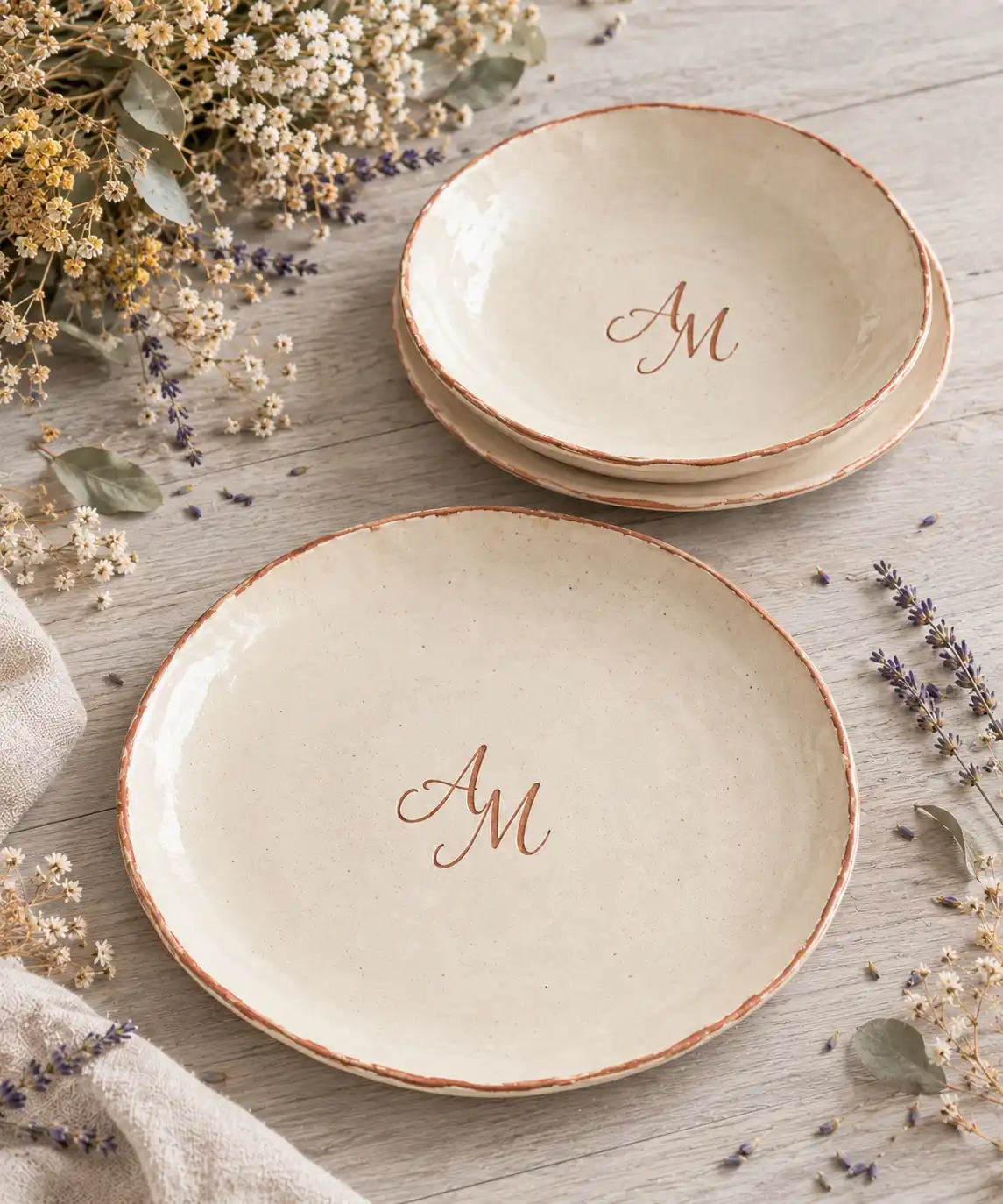 Vajilla regalo de boda en gres beige personalizada — CreArte Cerámica