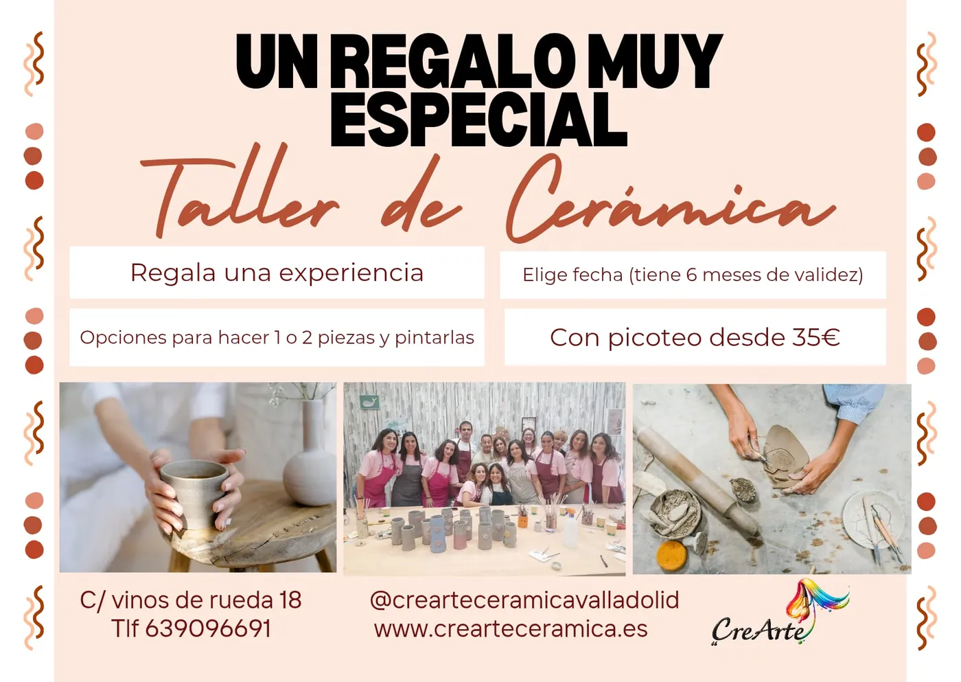 Vale regalo de un taller de cerámica en CreArte Valladolid, con collage de fotos del proceso: torno, grupo de alumnos y modelado de piezas